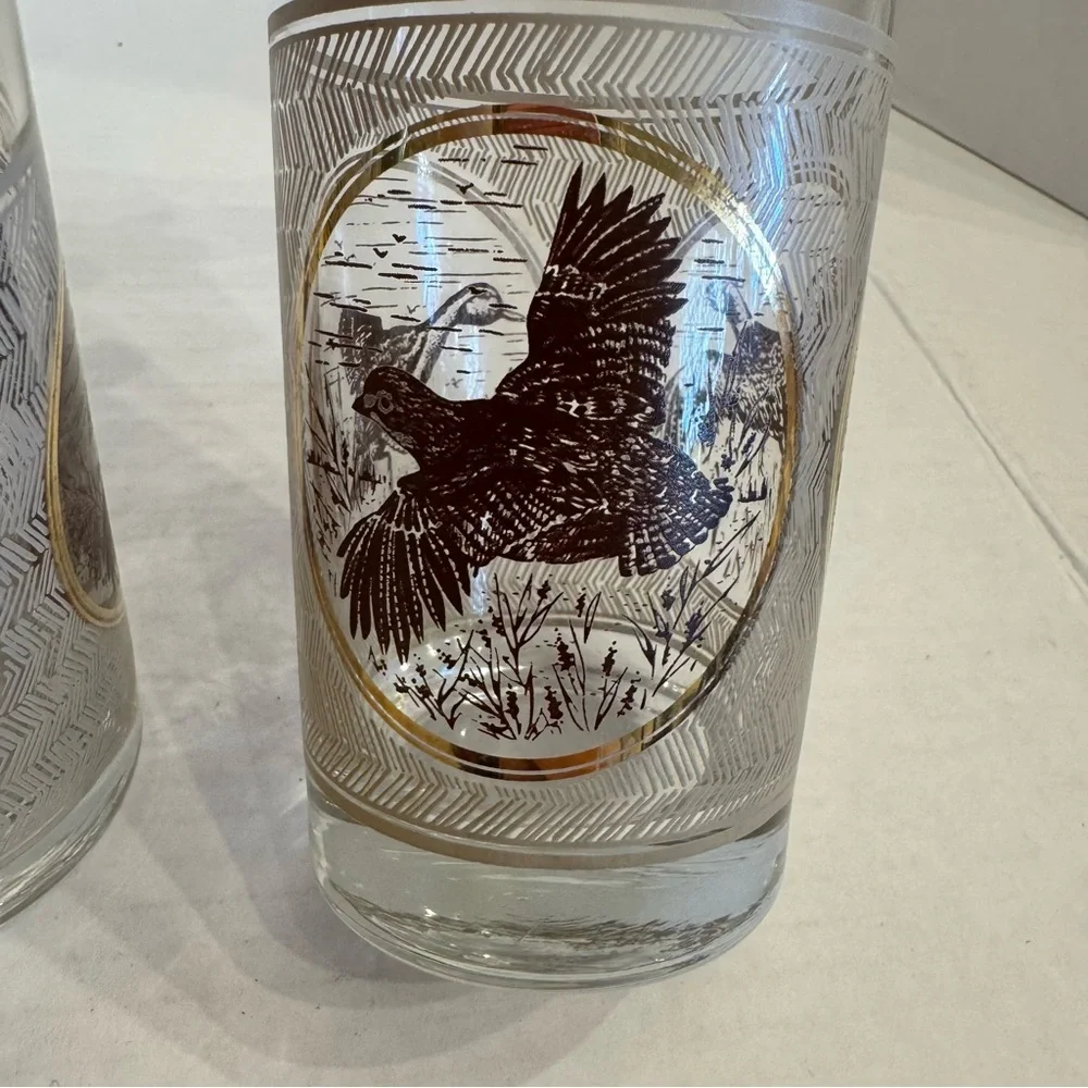 3 VTG 1970s MCM Libbey Highball Pheasant Glasses Game birds Brown Gold